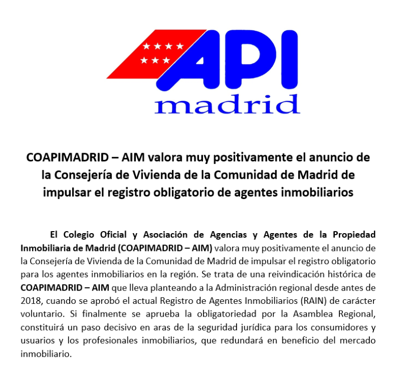 La Comunidad de Madrid impulsa el registro obligatorio de agentes inmobiliarios